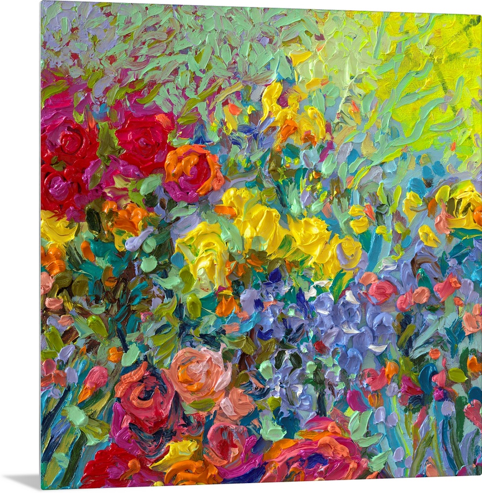 Brightly colored contemporary artwork of a field of flowers.