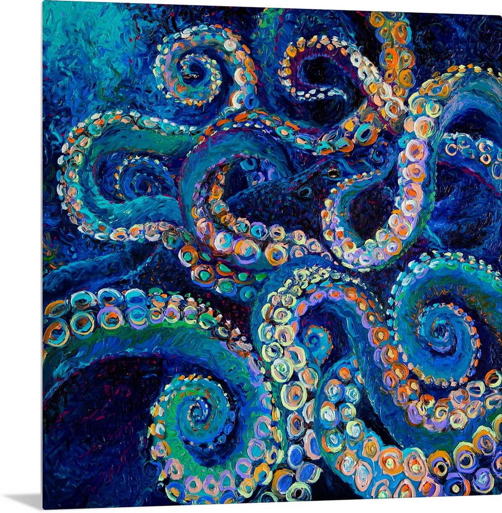 Brightly colored contemporary artwork of a blue octopus.