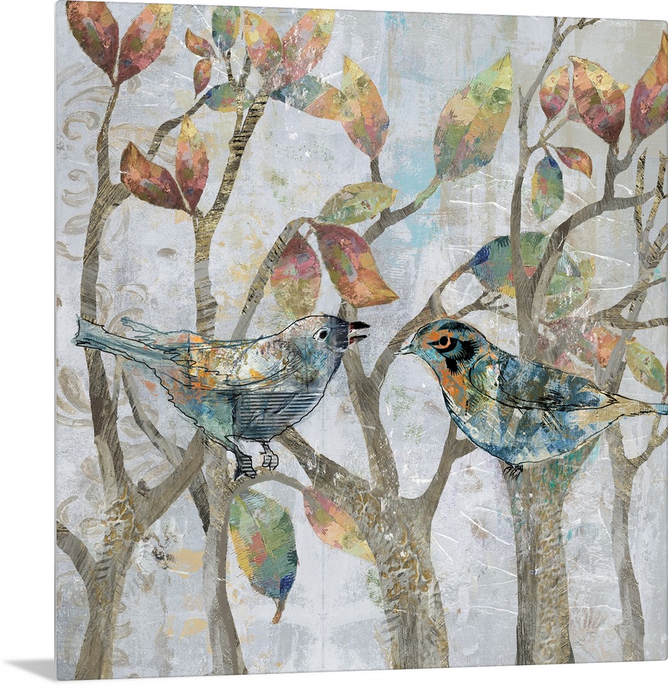 A mixed media painting of two birds perched on tree limbs with hints of gold accents.