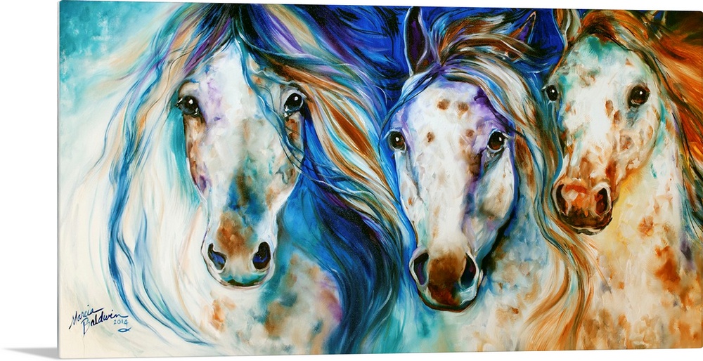 Panoramic painting of three Appaloosa horses with playful hues and beautifully flowing manes.