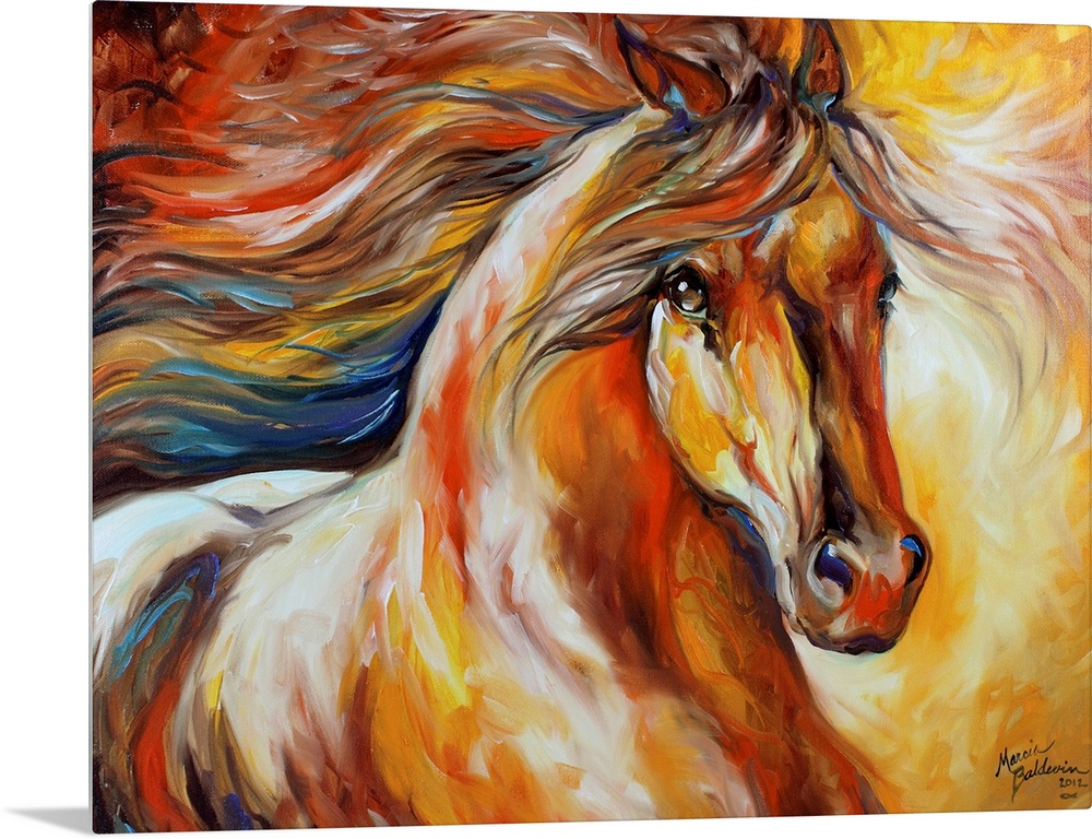 Contemporary painting of a horse in action with a flowing mane.