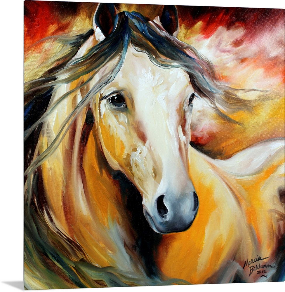 Square painting of a horse with a dark flowing mane on a yellow, red, and white background.