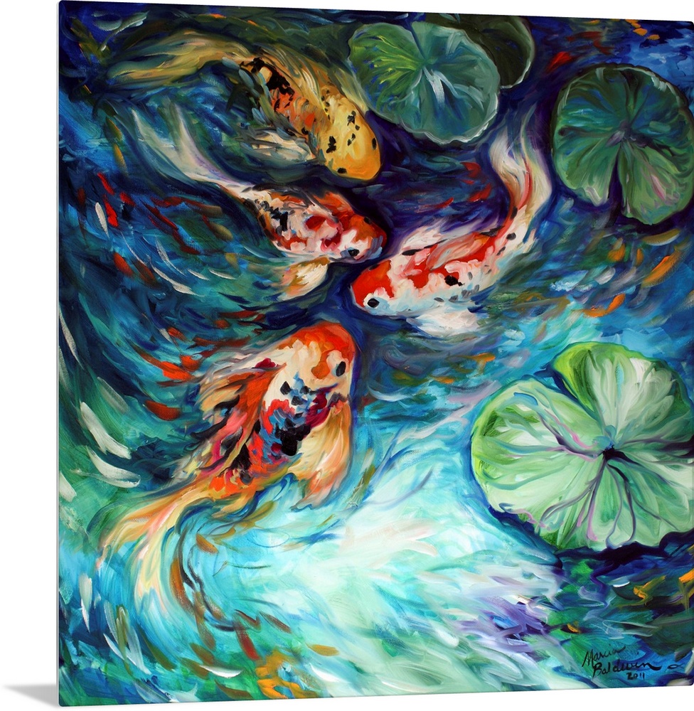 Square painting of four koi fish in a pond with lily pads and curved brushstrokes.