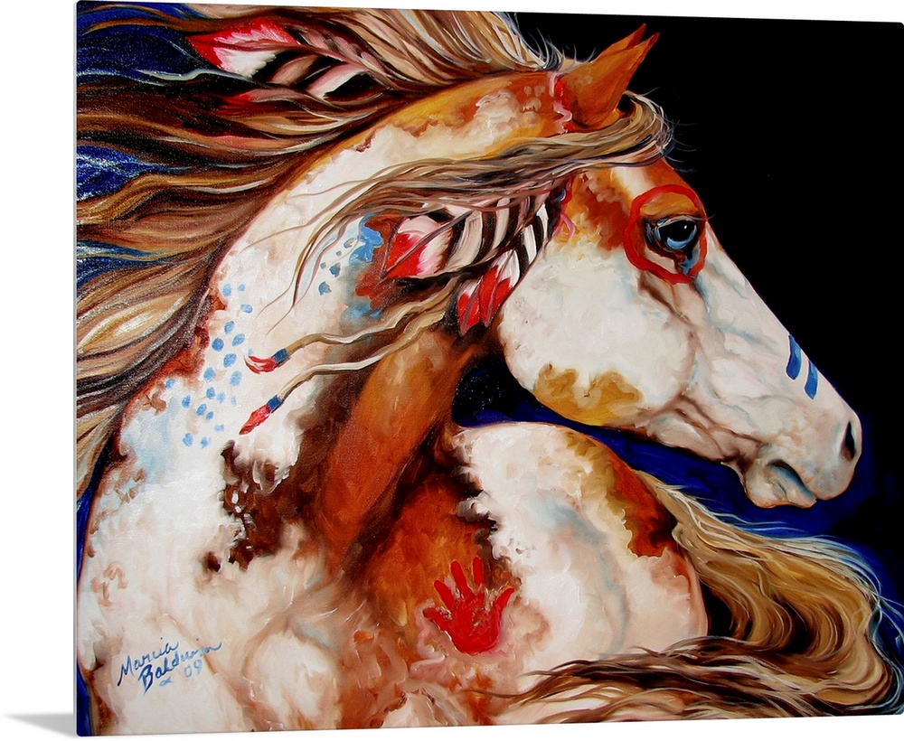 Contemporary painting of an Indian War Horse with painted markings and feathers in its mane.