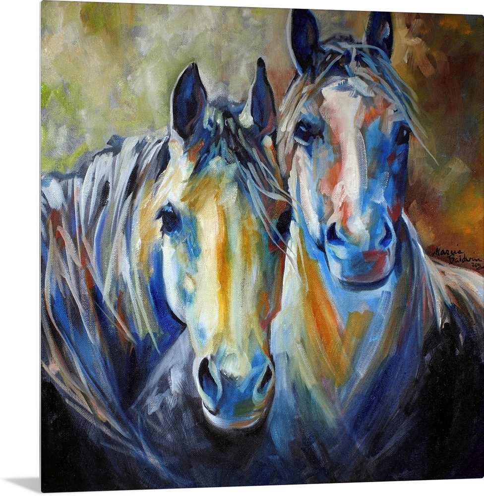Painting of two horses standing side by side in earth tones on a square background.