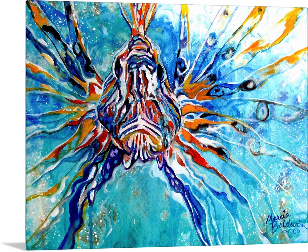 This oil painting depicts an abstract composition of a lion fish in aqua blue waters.