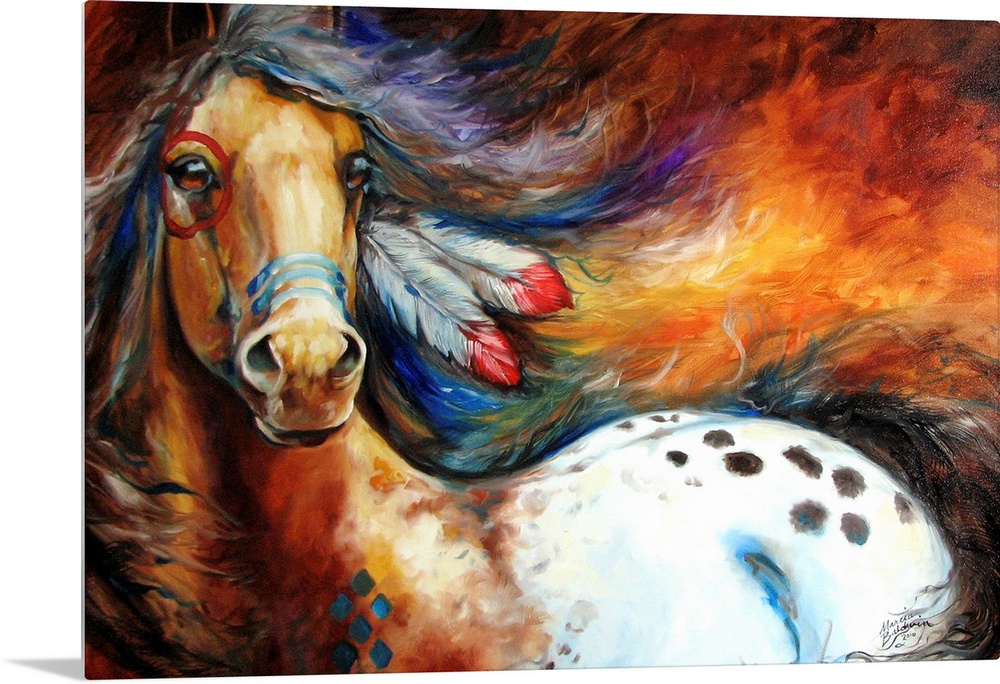 Contemporary painting depicting the bold spirit of the equine appaloosa with feathers in its mane and war paint all over i...