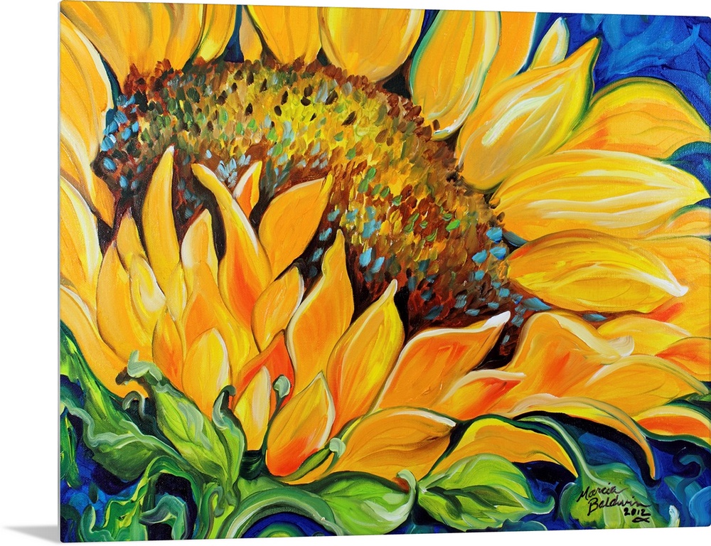 Contemporary painting of a sunflower up close on a blue background.
