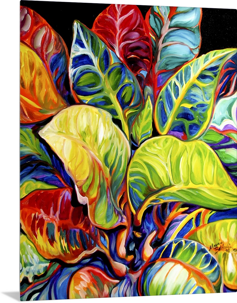 Contemporary painting of colorful tropical leaves on a solid black background.