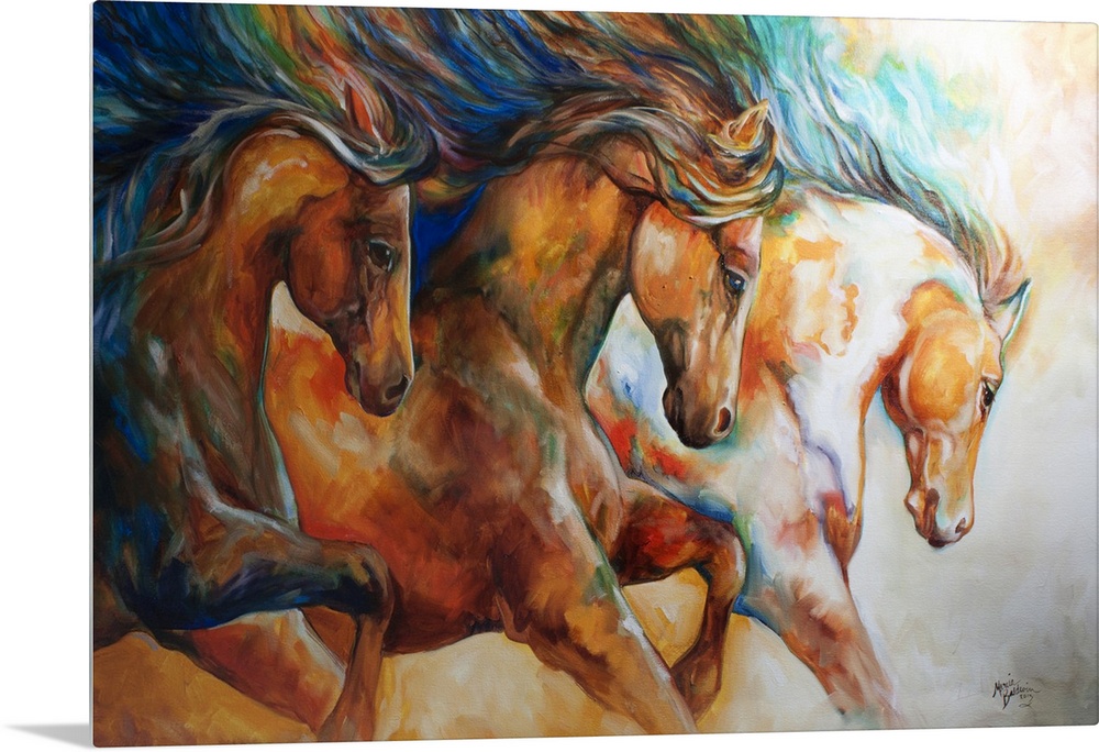 Contemporary painting of three horses galloping in action with their mane's flowing.