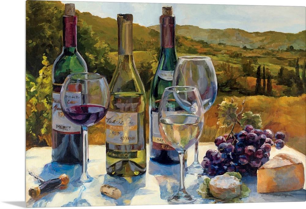 Wall art that is a hybrid still life and landscape painting of cheese, grapes, and red and white wine on display in wine c...