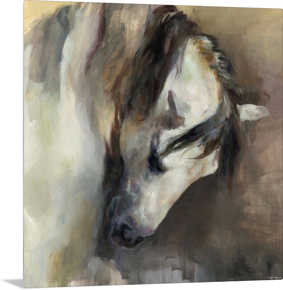 Square abstract painting of a horse in neutral colors.