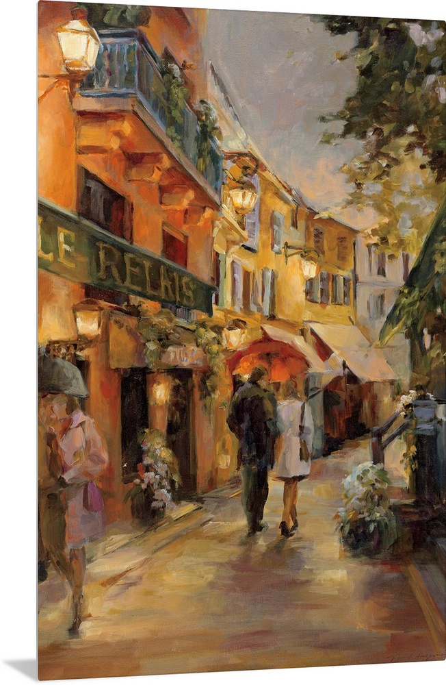 Vertical, contemporary painting of a couple walking through the rain under an umbrella down a winding Parisian street.