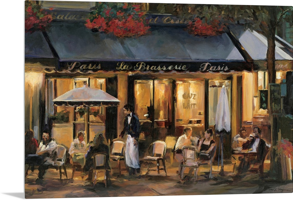 Cafo patrons sit at tables outside in the soft glow of the Parisian evening light. This is a contemporary horizontal paint...