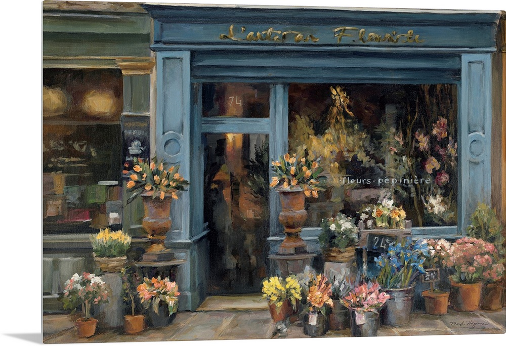 This contemporary painting depicts a French flower shop surrounded with buckets crowded with fresh blossoms.