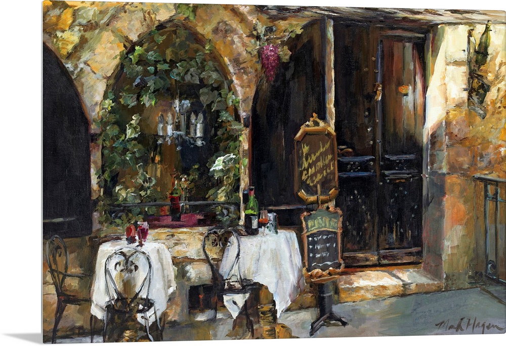 An impressionistic painting of an outdoor cafo in a rustic European city.