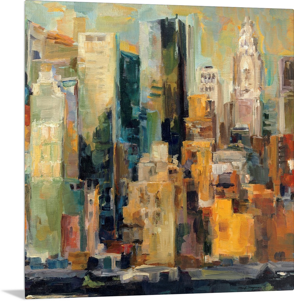 A landscape painting of New York City on a square canvas; this painting gives the impression of light reflecting off the s...