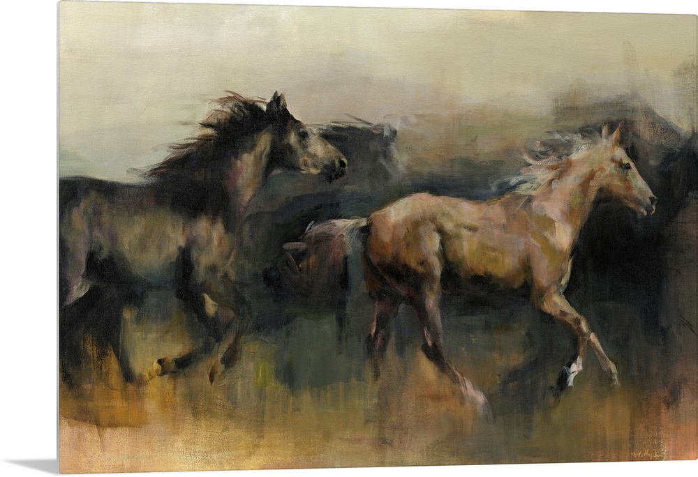 Contemporary painting of a black and a brown horse galloping in the western desert.