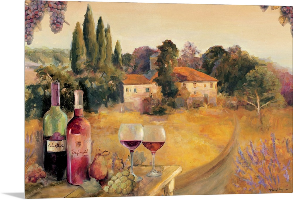 Large horizontal painting of a road leading to a Tuscan vineyard amongst groups of trees in the background.  A table of wi...