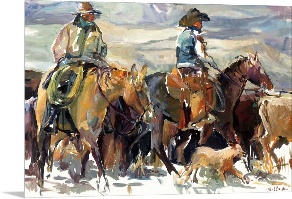 Cowboys on horseback fording cattle through a river.