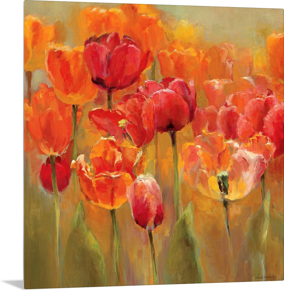 Square painting of tulips with flame colors on a neutral background.