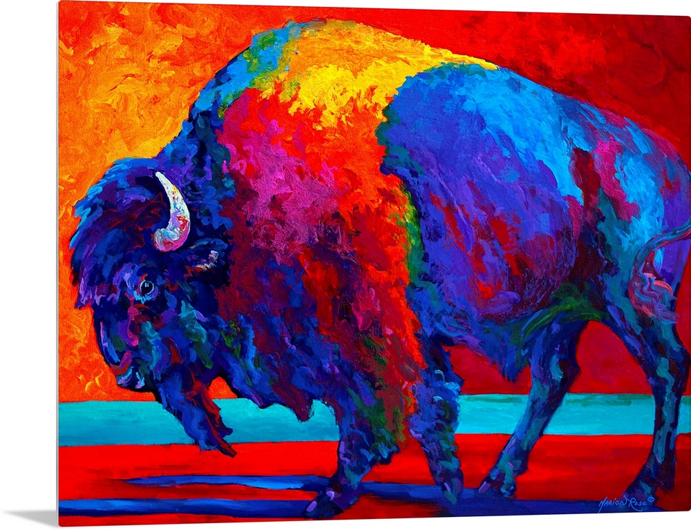 Giant contemporary art focuses on the profile of a lone humpbacked shaggy-haired wild ox through the heavy use of vibrant ...