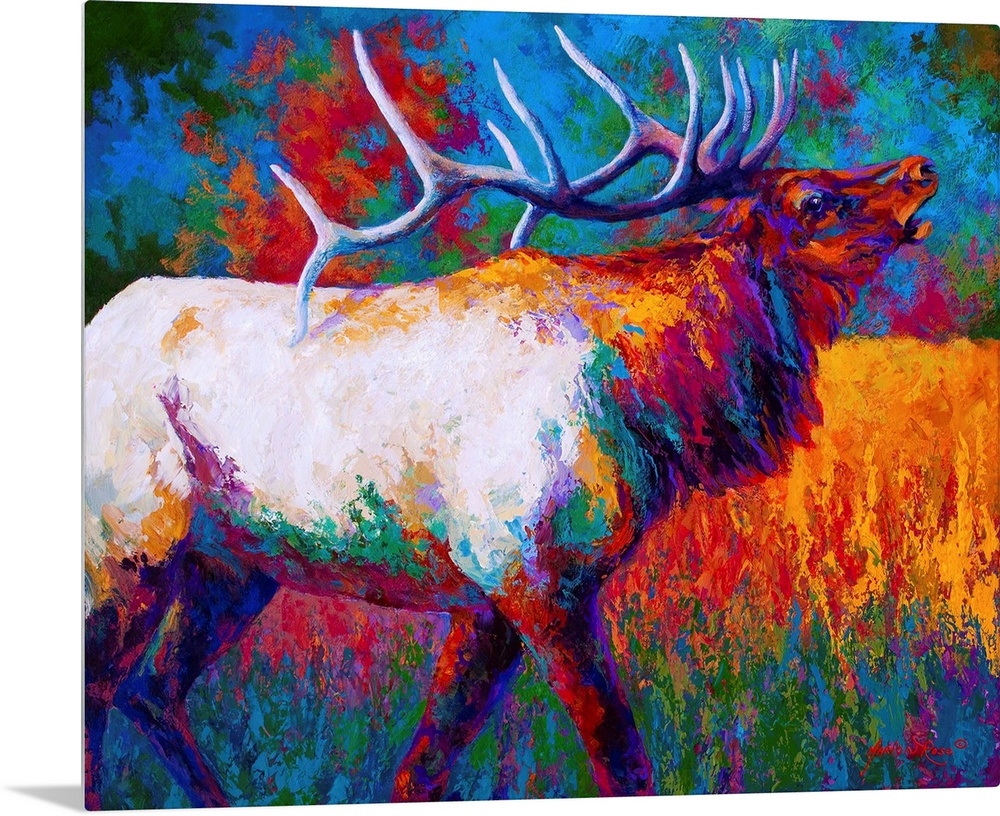 Contemporary painting of an elk with a large set of antlers done in a wide array of bold colors.