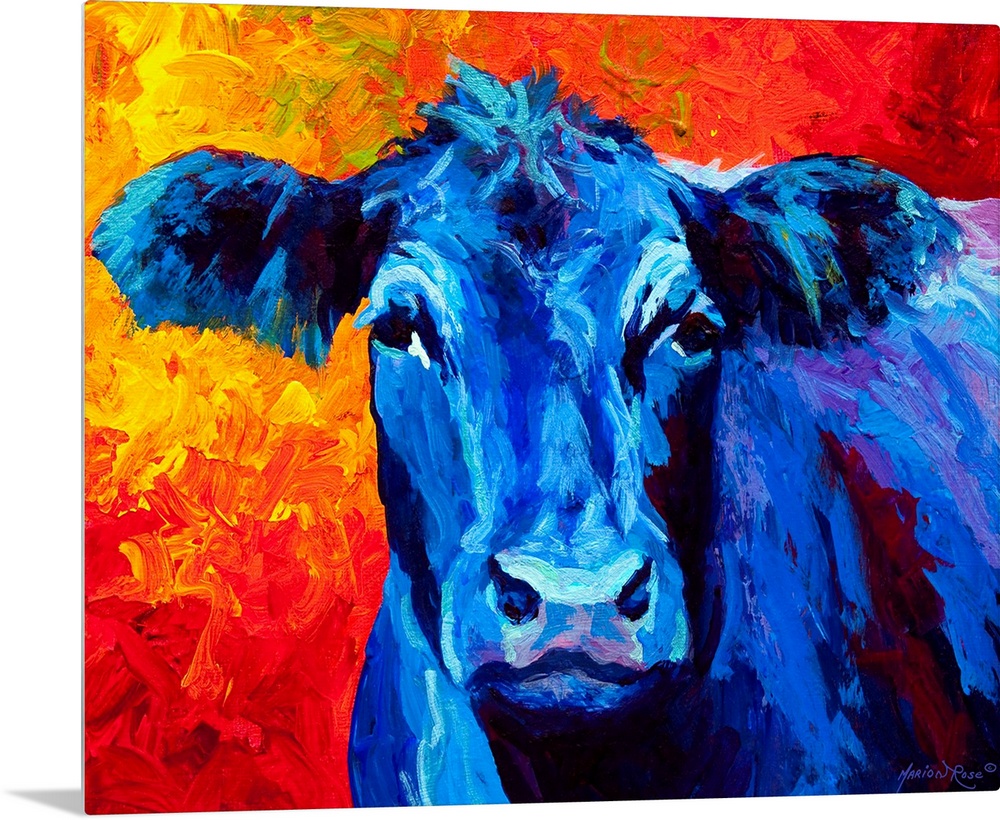 A contemporary portrait of a barn yard animal painted with bold brushstrokes and unusual colors.