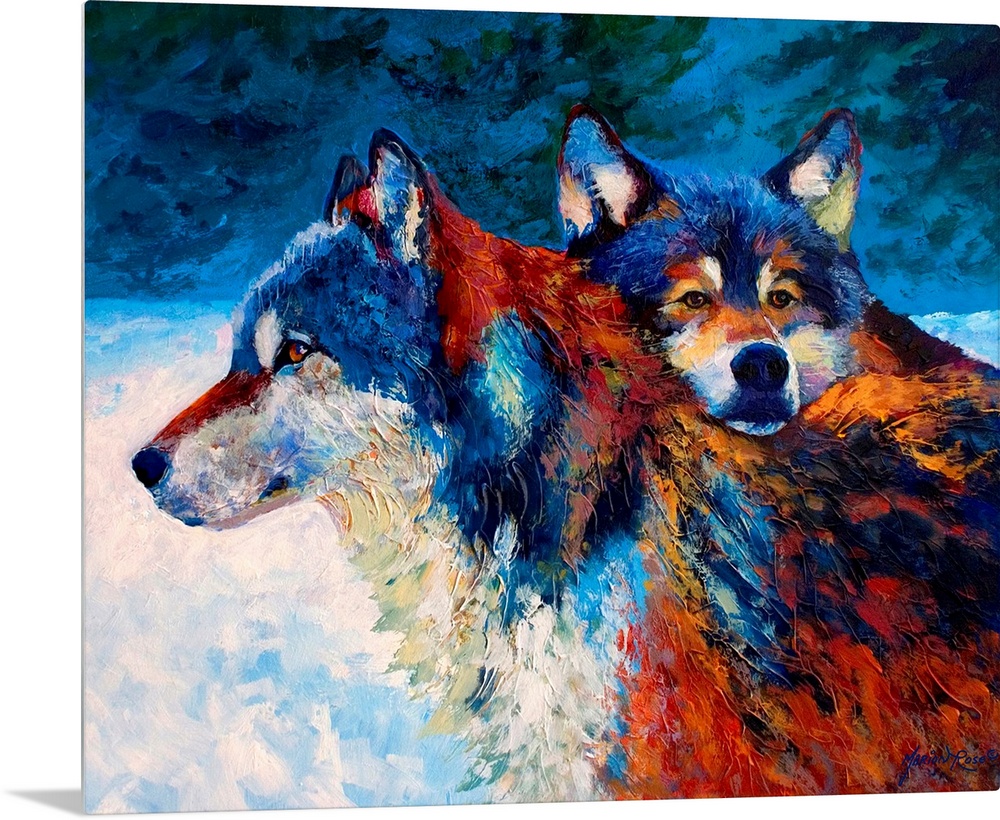 Contemporary painting of two wolves in the snow at night.