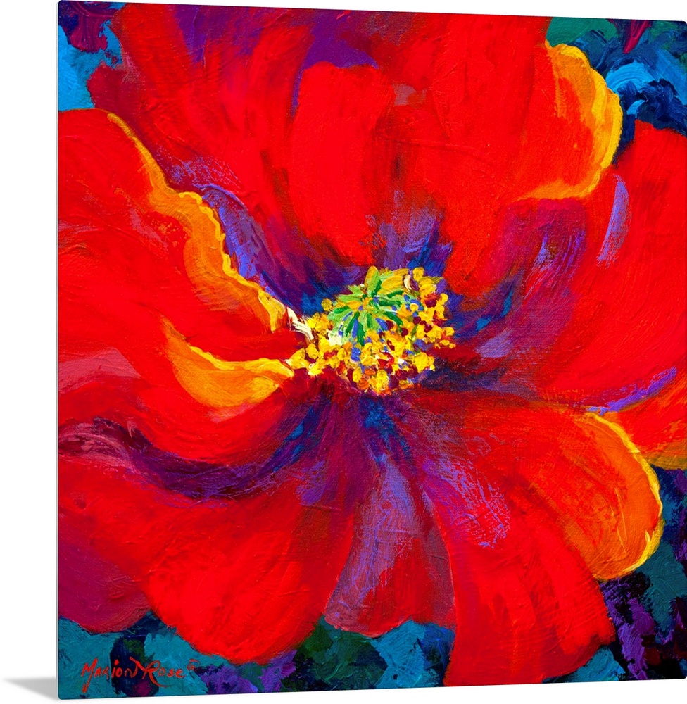 A contemporary artwork piece of a large red flower with accents of colors painted within it and a blue background.