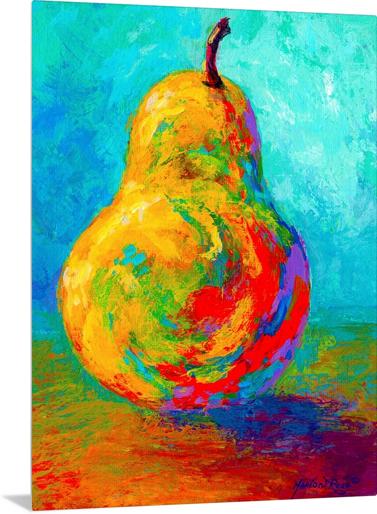 This vertical painting of a single piece of fruit balanced up right on the table uses vivid an unexpected colors to show t...