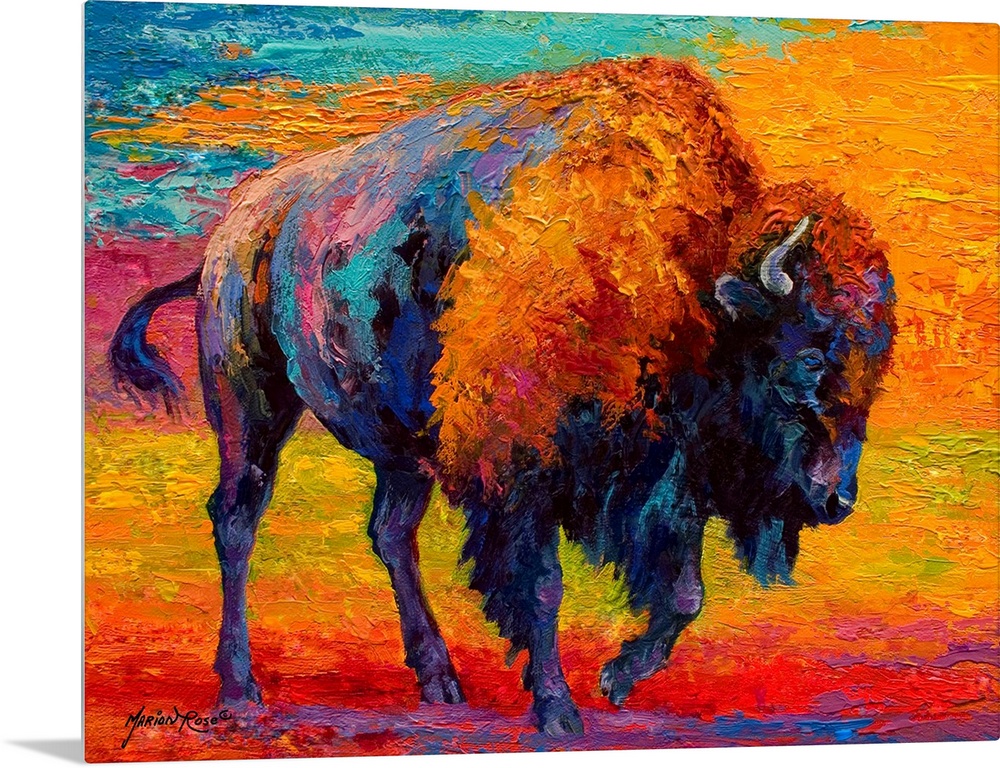 A contemporary artwork piece of a bison that uses various colors for the bison and the background.