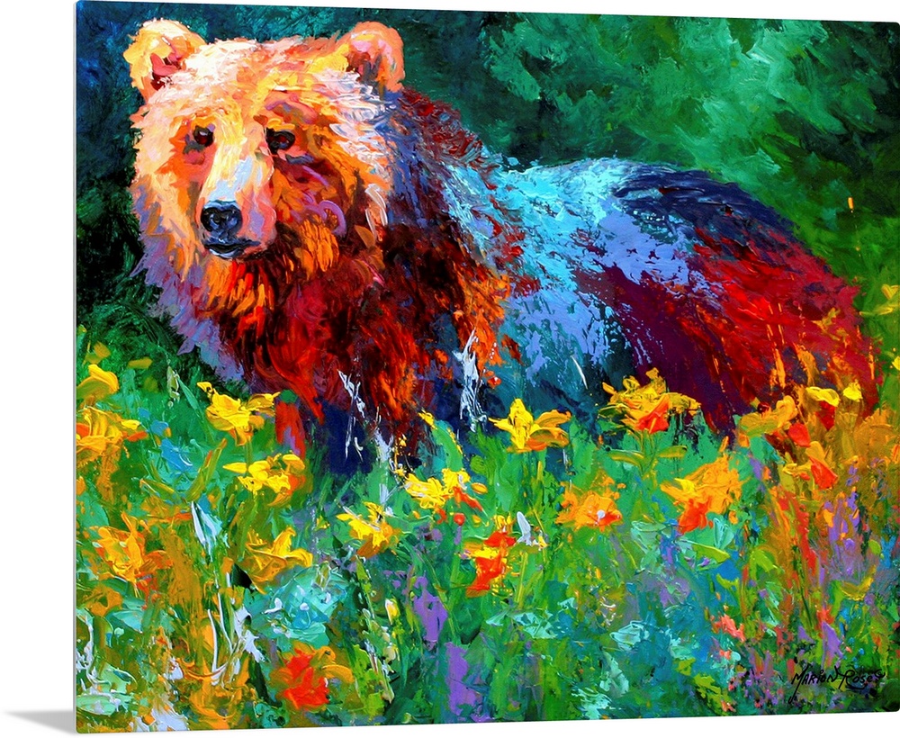 Impressionalistic painting of a large bear in the middle of a field of flowers with a forest in the background.