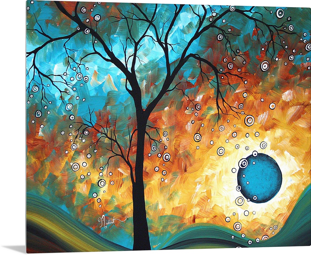This is an abstract painting of a silhouetted tree in front of a multi-hued psychedelic landscape.