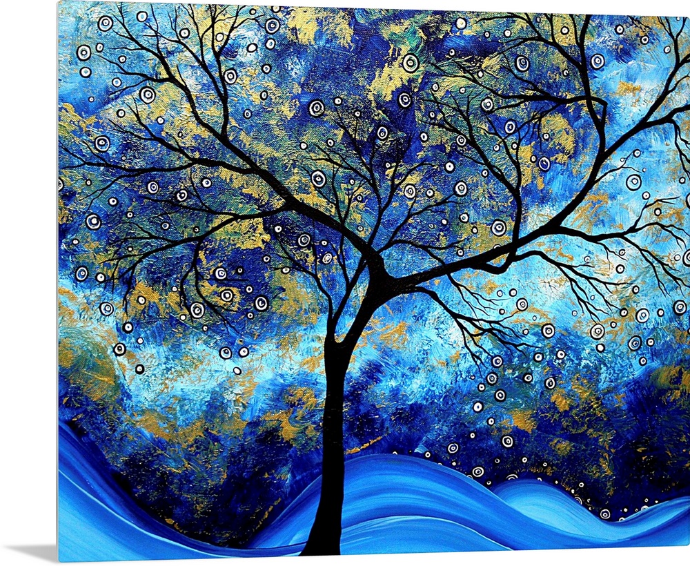 Contemporary abstract painting of tree silhouette with tie-dye background.  There are also small circles scattered through...