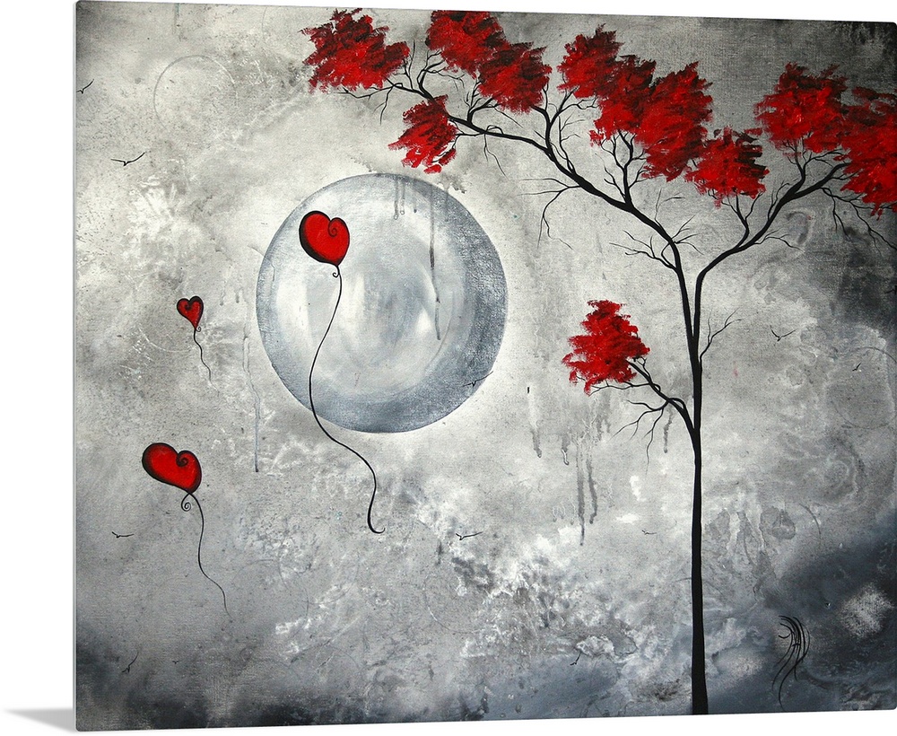 Contemporary black and white painting of a tree with accents of red for it's leaves and heart shaped balloons flying in th...