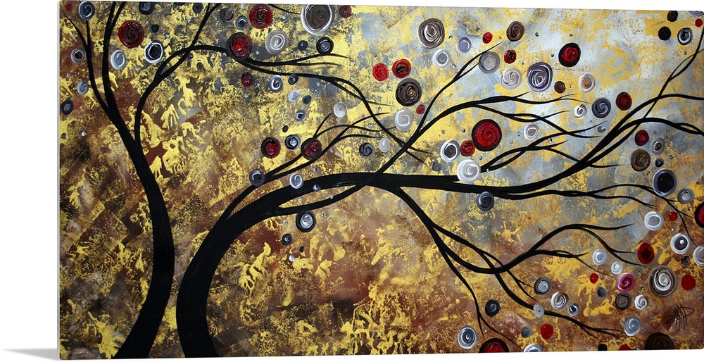 Abstract artwork featuring two trees swaying surrounded by ciruclar and other ornate designs. Mixture of vibrant and neutr...