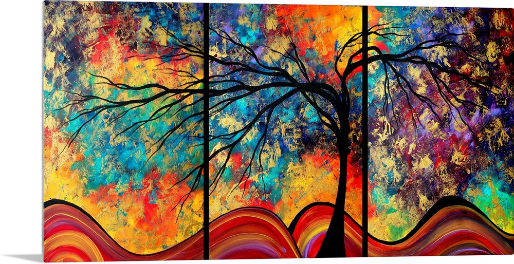 An abstract tree in front of a surreal, other worldly sky in this horizontal art work perfect for a triptych.