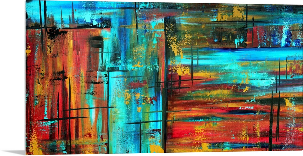 This is a horizontal contemporary painting of neon colors and dark streaks creating a wild and abstract composition.