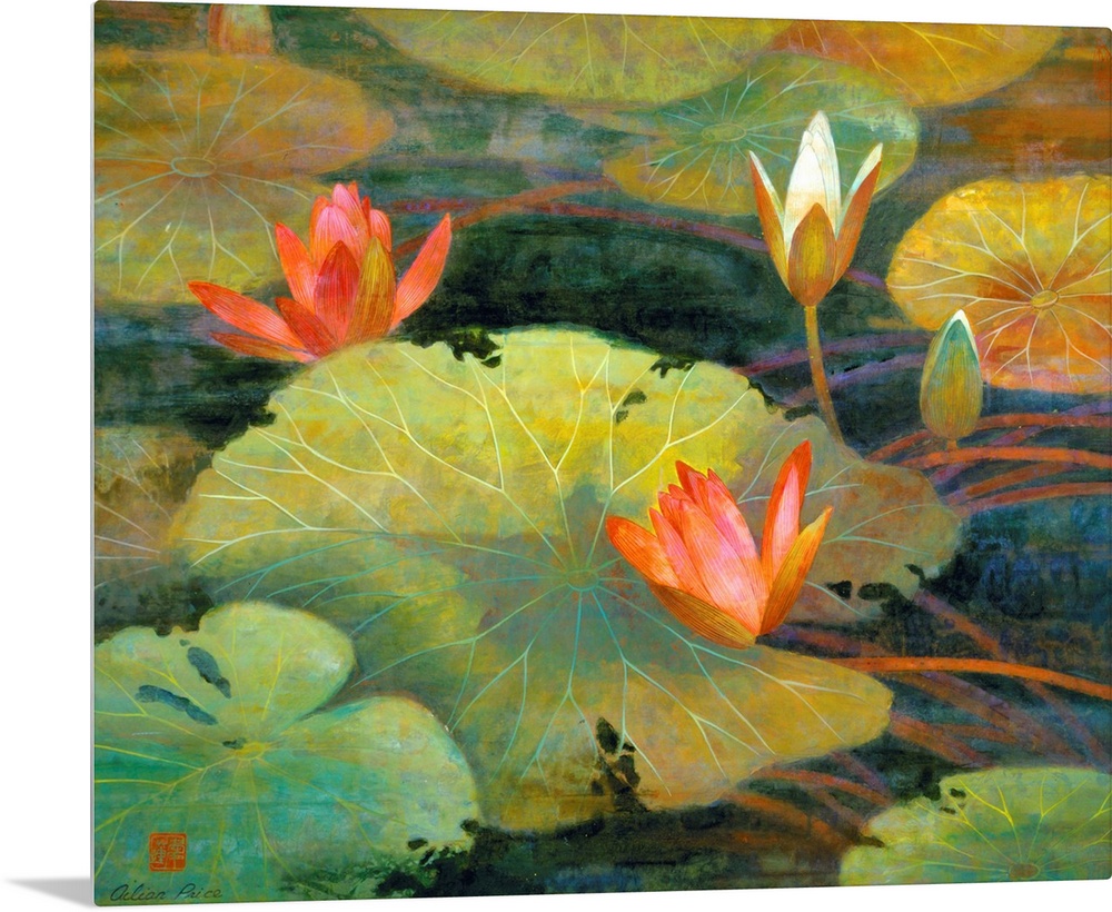 This is a horizontal, contemporary painting full of detail of lily pads and lotus blossoms floating in a murky pond.