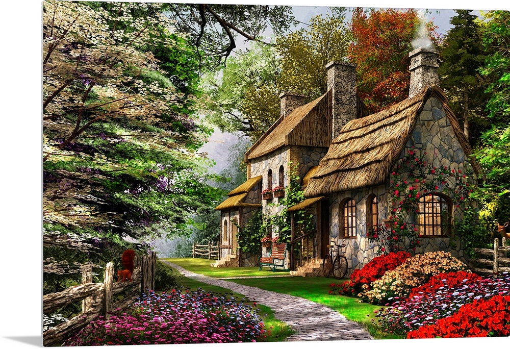 Decorative art for the home or cabin this cozy painting of a thatched roof home in the forest surrounded by blooming flowers.