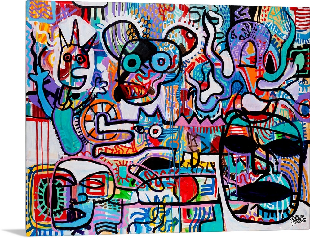 Contemporary abstract painting using mouse forms with human forms in an urban art style.