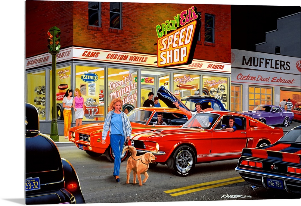 A contemporary painting of a woman and her dog crossing a Mustang, GTO, Z-28 Camaro and a Ford Hot Rod in the street  in f...