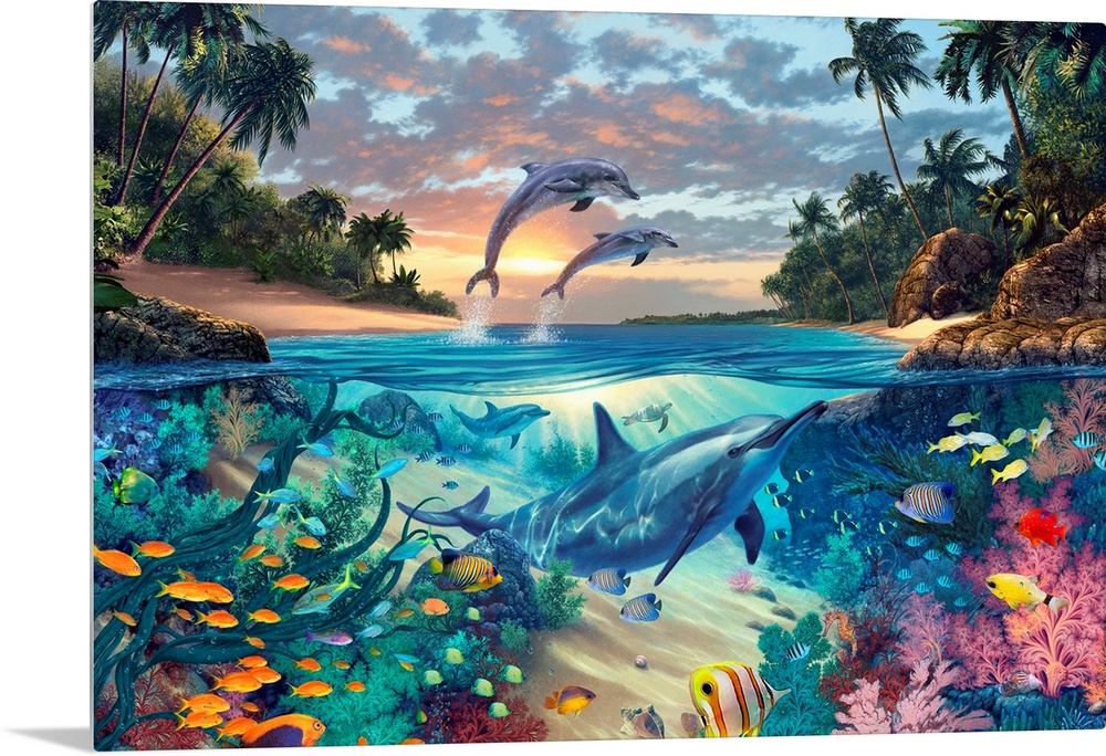 Big fantasy painting on canvas of dolphins swimming underneath the water with other fish and two dolphins jumping out of t...
