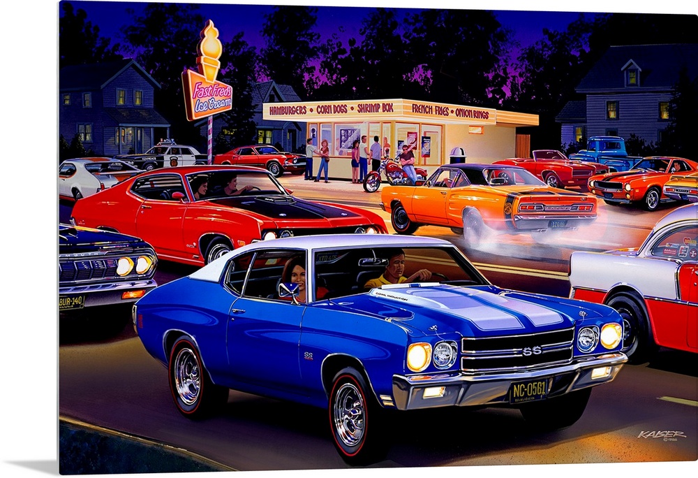 Big automotive art portrays a group of people enjoying the treats from a local snack shack.  Filling the parking lot and s...