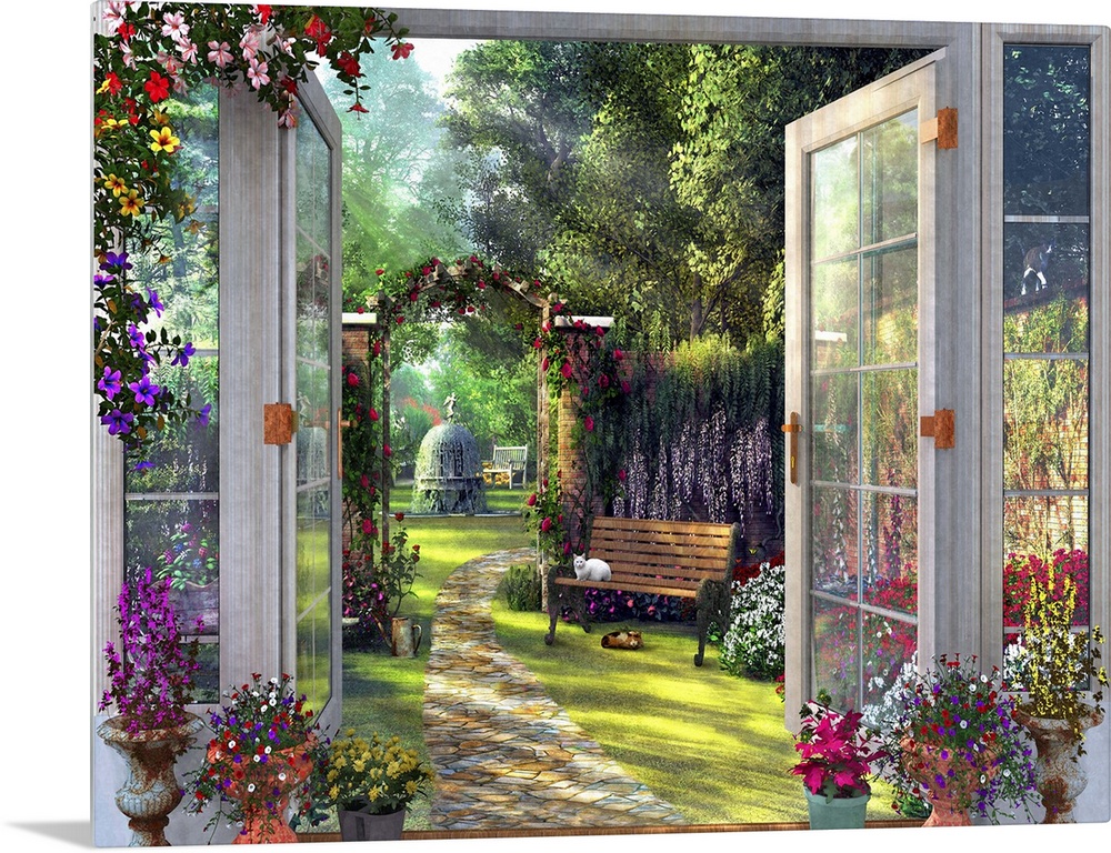 A doorway view of a country garden with two cats.