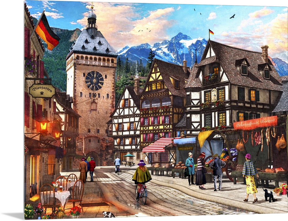 Illustration of a market town somewhere in the Alps.