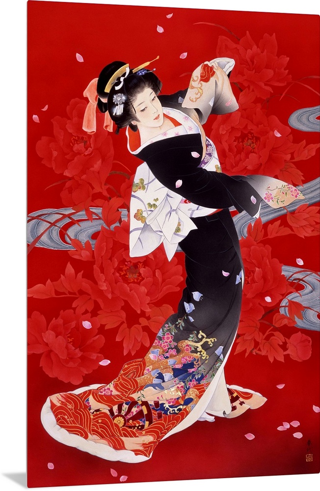 Contemporary colorful Asian art of a Geisha in beautiful ornate clothing.