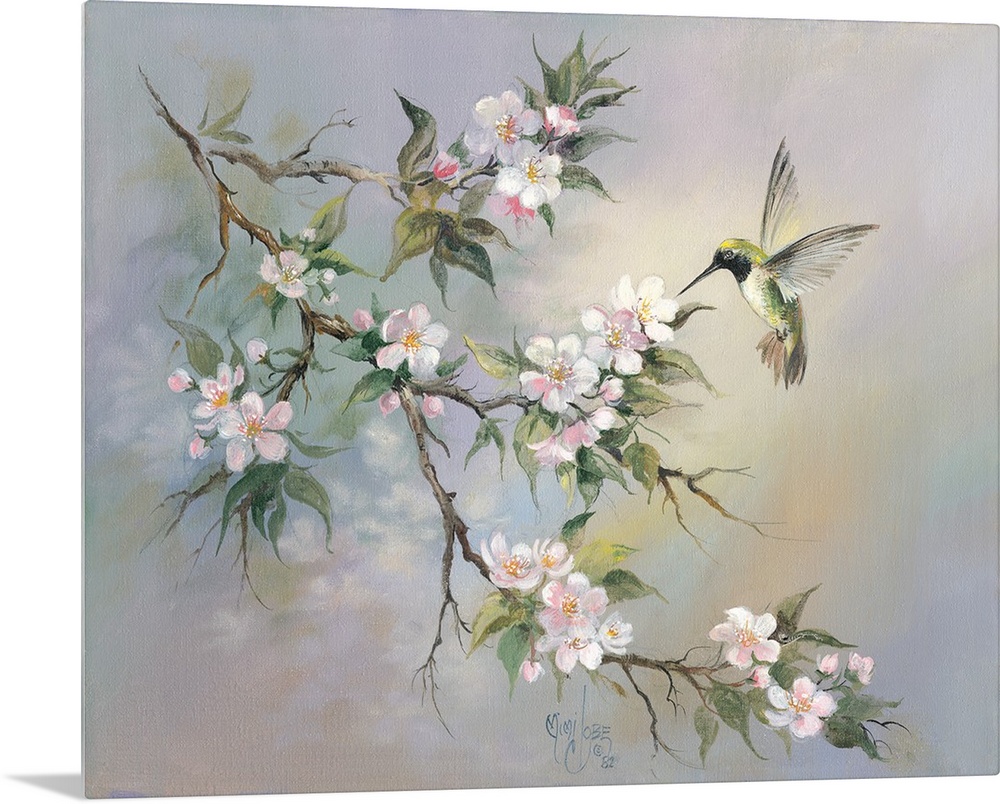 Contemporary whimsical artwork of a hummingbird at a flowering branch.