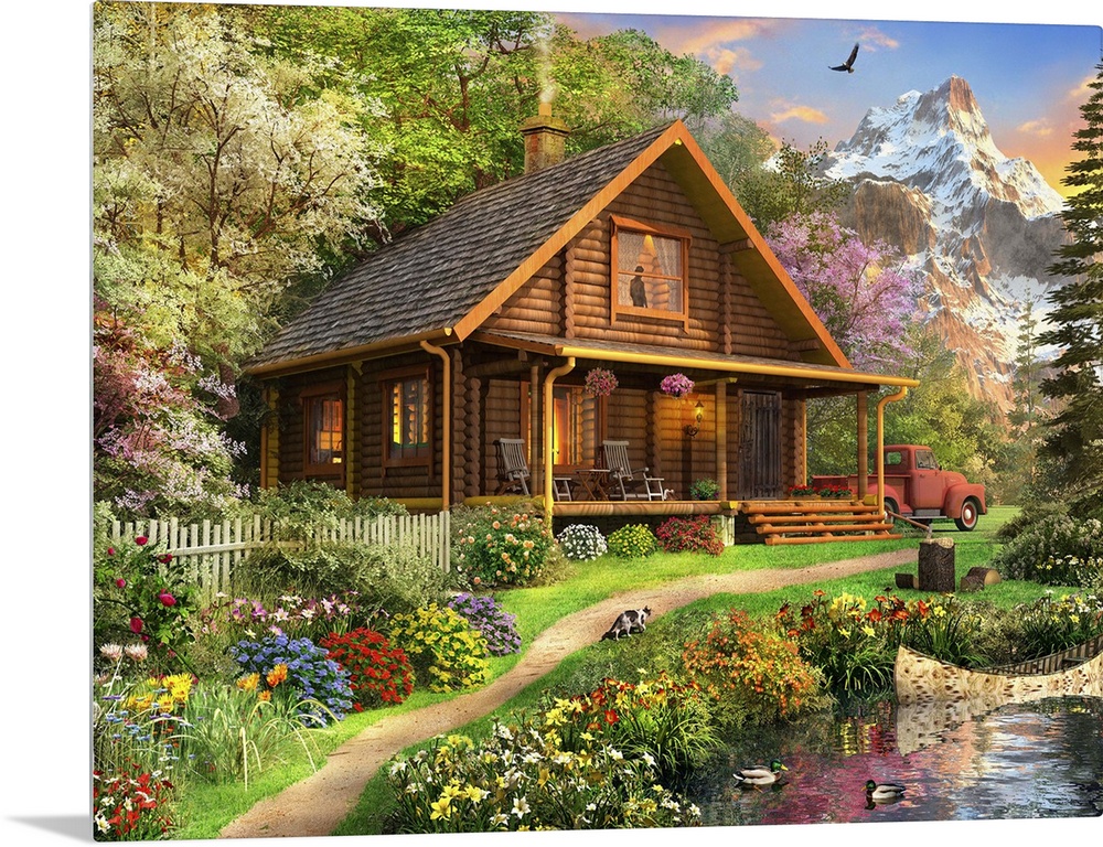 Illustration of a log Cabin somewhere in North America.